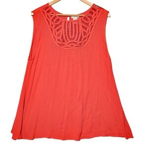 Sundance Top Womens XL Coral Red Sleeveless Tank Crochet Neck Rayon Sheer Boho